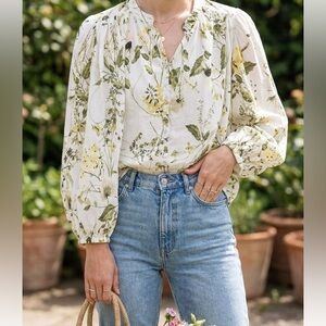 H&M Botanical Print White and Green Peasant Blouse with balloon sleeves